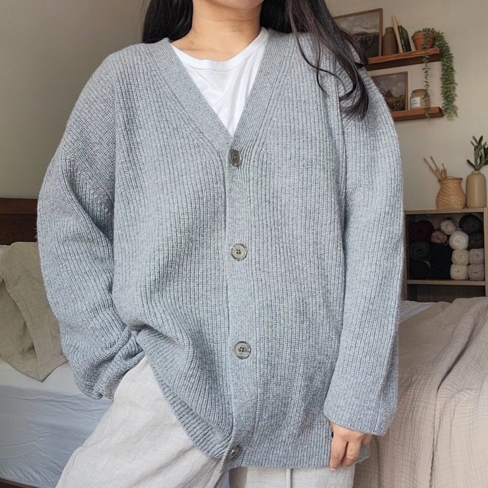 Quince 100% Cashmere Oversized Boyfriend Cardigan, Heather Grey, M